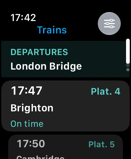 Apple Watch departure board for London Bridge