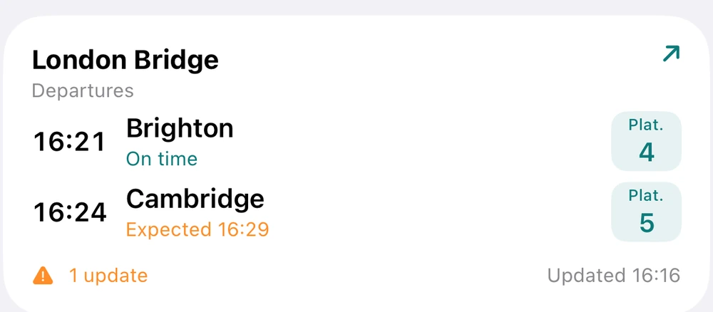 RailO departure widget showing the next trains, expected times and platforms